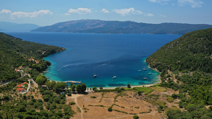 Fototapeta na wymiar Aerial drone photo of bay and beach of Polis in Northern part of Ithaki or Ithaca island a safe sail boat anchorage, Ionian, Greece