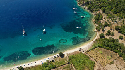 Obraz na płótnie Canvas Aerial drone photo of bay and beach of Polis in Northern part of Ithaki or Ithaca island a safe sail boat anchorage, Ionian, Greece
