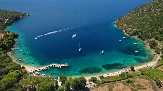 Aerial drone photo of bay and beach of Polis in Northern part of Ithaki or Ithaca island a safe sail boat anchorage, Ionian, Greece