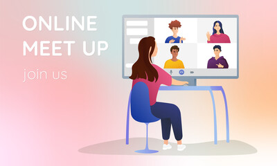 A young girl sits at a computer and communicates with colleagues. Online call, video conference. Bright guys on the screen, online communication concept.