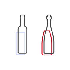 Simple line shape of vodka and red wine bottle. One contour figure of a bottle, the second drink. Outline symbol beverage black color. Sign liquid colored. Isolated flat illustration
