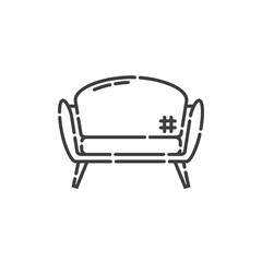Comfortable sofa with one pillow. Image of couch in line art style. Element furniture of the interior. Modern stylish object for relaxation. Flat illustration with settee on white background