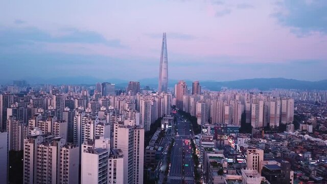 Drone shot of Seoul, South Korea at Sunset