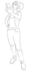 A sketch of a girl in a overalls and with a phone in her hand