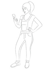 A sketch of a girl in a denim overalls and with a mobile phone in her hand