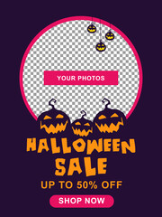 Halloween sale banner. Halloween  background with tombstone, pumpkin, haunted house and full moon. Flyer or invitation template for Halloween party. silhouette Vector illustration.