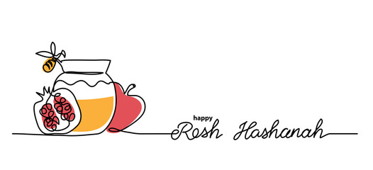 Rosh hashanah simple vector background with honey, apple, pomegranate and bee. One continuous line drawing with lettering happy Rosh hashanah.
