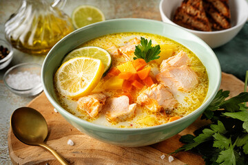 Close up of a green plate with delicious salmon fish soup with vegetable cream