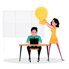 A cartoon character showing woman and man are thinking a business idea feature a yellow light bulbs as a success symbol 