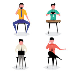 A cartoon character set of man working while sitting on a chair and using laptop