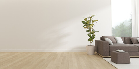 3d render of living room with sofa and vase of plant on wooden floor and white wall.