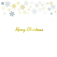 Christmas snowflakes background with place for text. Winter gold and silver snow minimal frame decoration on white, greeting card. New Year Holidays subtle backdrop. Vector illustration