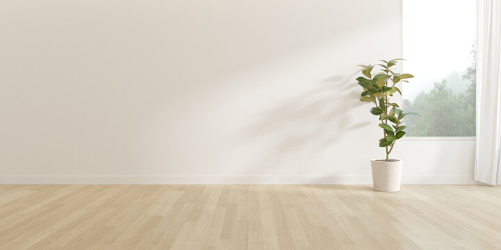 3d render of empty room with wooden floor and vase of plant on nature background.