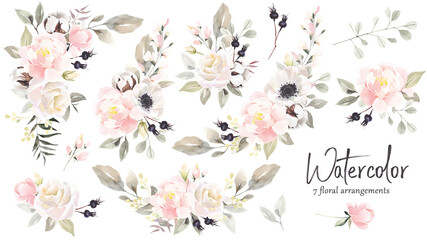 Big Set of watercolor flowers bouquets. Illustration isolated on white background. Collection garden and wild, forest herb, flowers, branches. Botanical clipart.
