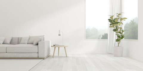 3d render of modern living room with sofa on bright wooden floor ,white wall with large window on nature background.
