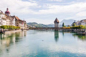 Luzern, Kapellbrücke, Holzbrücke, Wasserturm, Reuss, Fluss, Stadt, Altstadt, Brücke,...
