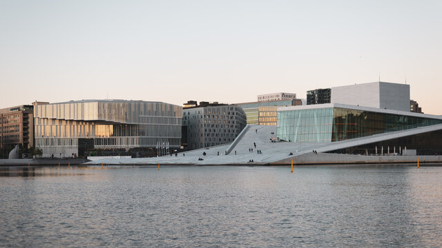 Buildings in Oslo downtown on the sunset