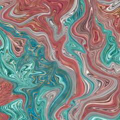 Turquoise terracotta with golden veins marble texture. Abstract liquid paint background. Trendy surface, luxurious material design, digital illustration