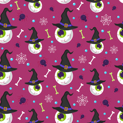 Halloween eyeball seamless pattern on purple background. halloween skull pattern background. vector illustration