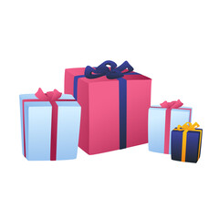 New Year's gifts on a sleigh with garlands on a dark blue background. Bright Christmas gift boxes with ribbons and bows.