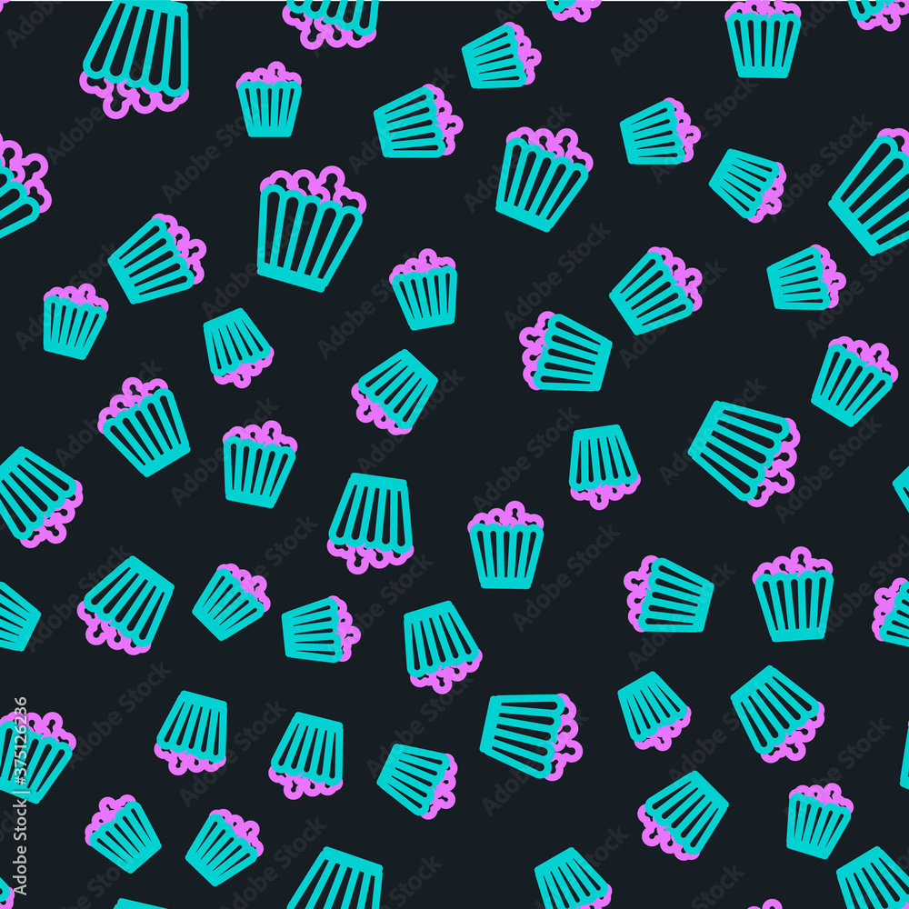 Poster line popcorn in cardboard box icon isolated seamless pattern on black background. popcorn bucket box