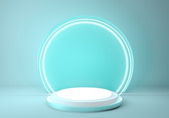 3d pedestal, cylinder platform, shiny metallic podium with round neon frame. Blank product showcase stand. Performance stage.
