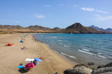 Fototapeta na wymiar Beautiful scene of Playa de los Genoveses beach in Cabo de Gata Natural Park. Almeria, Spain