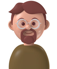 Cartoon character 3d happy caucasian man with brown hair and beard