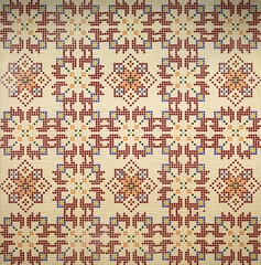 Checkered traditional Bulgarian ceramic mosaic tile background pattern. Architectural mosaic detail, abstract background for street, bath and pool. Ornamental pattern for street and interior design