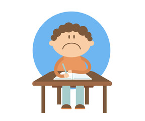 The schoolboy sits at the table and writes in a notebook. Cartoon. Vector illustration.