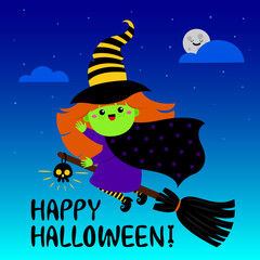 Fototapeta premium Halloween cute redhead witch in a hat flying on a broomstick. Kawaii style. Vector illustration. With text. For flyers, invitations, cards, posters.