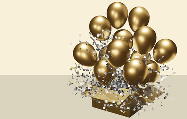 Open a cardboard box containing a birthday balloon and a 3D achievement celebration with a ribbon. And rainbow illustrations for publications and banners