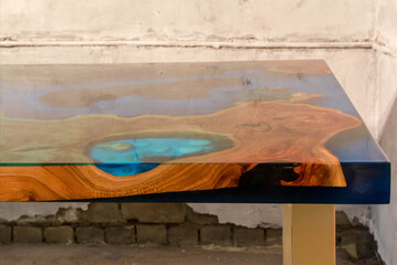 beautiful wooden table made of elm slab and epoxy resin