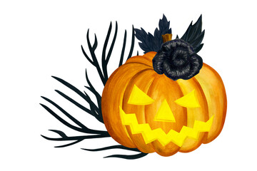 Watercolor pumpkin with black rose and branches