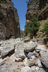 Trekking in Samaria Gorge on the island of Crete, Greece.