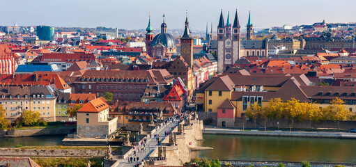 panoramiv view to medieval old town Wuerzburg at river Main in Bavaria, Germany