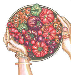 a plate with vegetables red orange purple green tomatoes