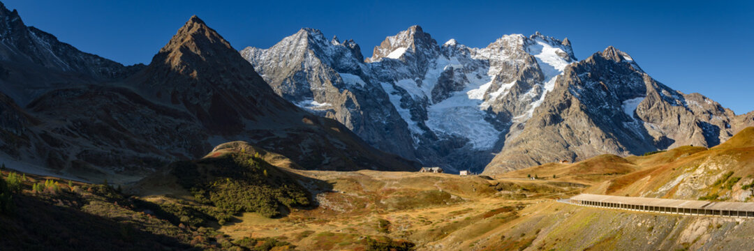 Panoramic view on Col du Lautaret in the Ecrins National Park with Glacier du Lautaret and Gaspard Peak in autumn. Hautes-Alpes, European Alps, France
