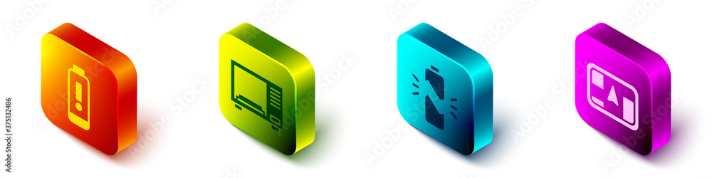 Poster set isometric battery charge level indicator, microwave oven, broken battery and gps device with map