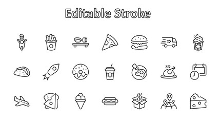 Set of Foods, Drinks Related Vector Line Icons. Contains such Icons as Pizza, Fries, Egg, Meat, Sushi, Chicken, Hamburger, Ice Cream, Donut, Soup, Sandwich, eggs and more. Editable Stroke. 32x32 Pixel