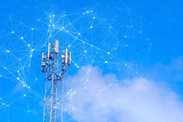 Telecommunication tower with mesh dots, glittering particles for wireless telecommunication technology