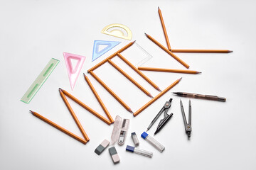 Set of drawing instruments isolated on white background. school
