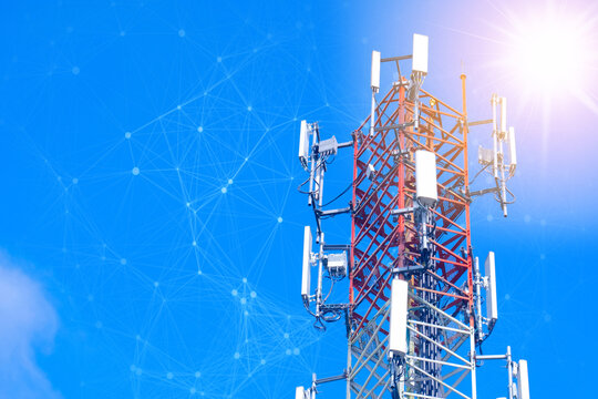 Telecommunication tower with mesh dots, glittering particles for wireless telecommunication technology