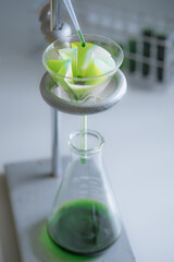 The scientist is testing the natural product extraction and green color solution, in the chemistry...