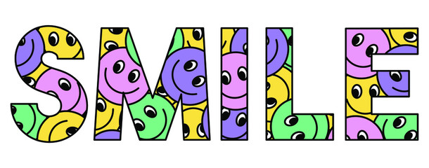 Smile Slogan t-shirt print design. Seamless pattern of Happy face icon. Smiling Emoticon texture. Smile background.