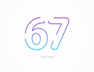 67 number, outline stroke gradient font. Trendy, dynamic creative style design. For logo, brand label, design elements, application and more. Isolated vector illustration