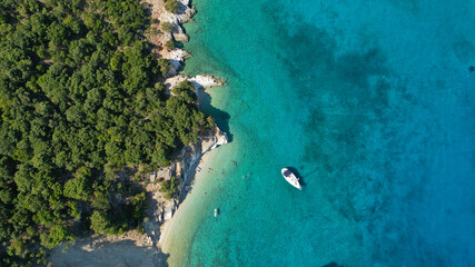 Aerial drone photo of turquoise paradise sandy beach and bay of Filatro a safe sail boat anchorage...