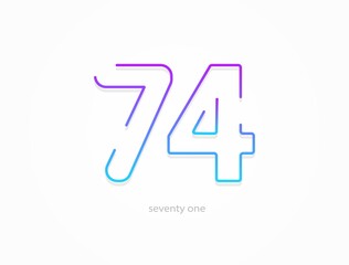 74 number, outline stroke gradient font. Trendy, dynamic creative style design. For logo, brand label, design elements, application and more. Isolated vector illustration