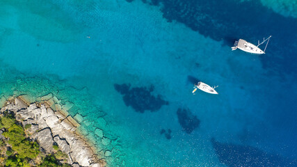 Fototapeta na wymiar Aerial drone photo of turquoise paradise sandy beach and bay of Filatro a safe sail boat anchorage in Ithaki or Ithaca island, Ionian, Greece