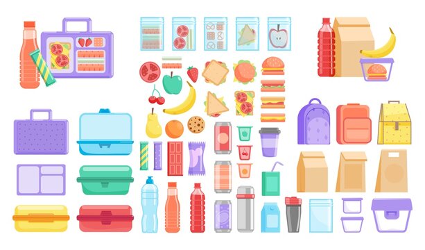 Lunch box. School or office lunch box and fruit, vegetable, hamburger fast food packed meal and bottled drink product item set. Vector plastic container, textile and disposable paper bag illustration